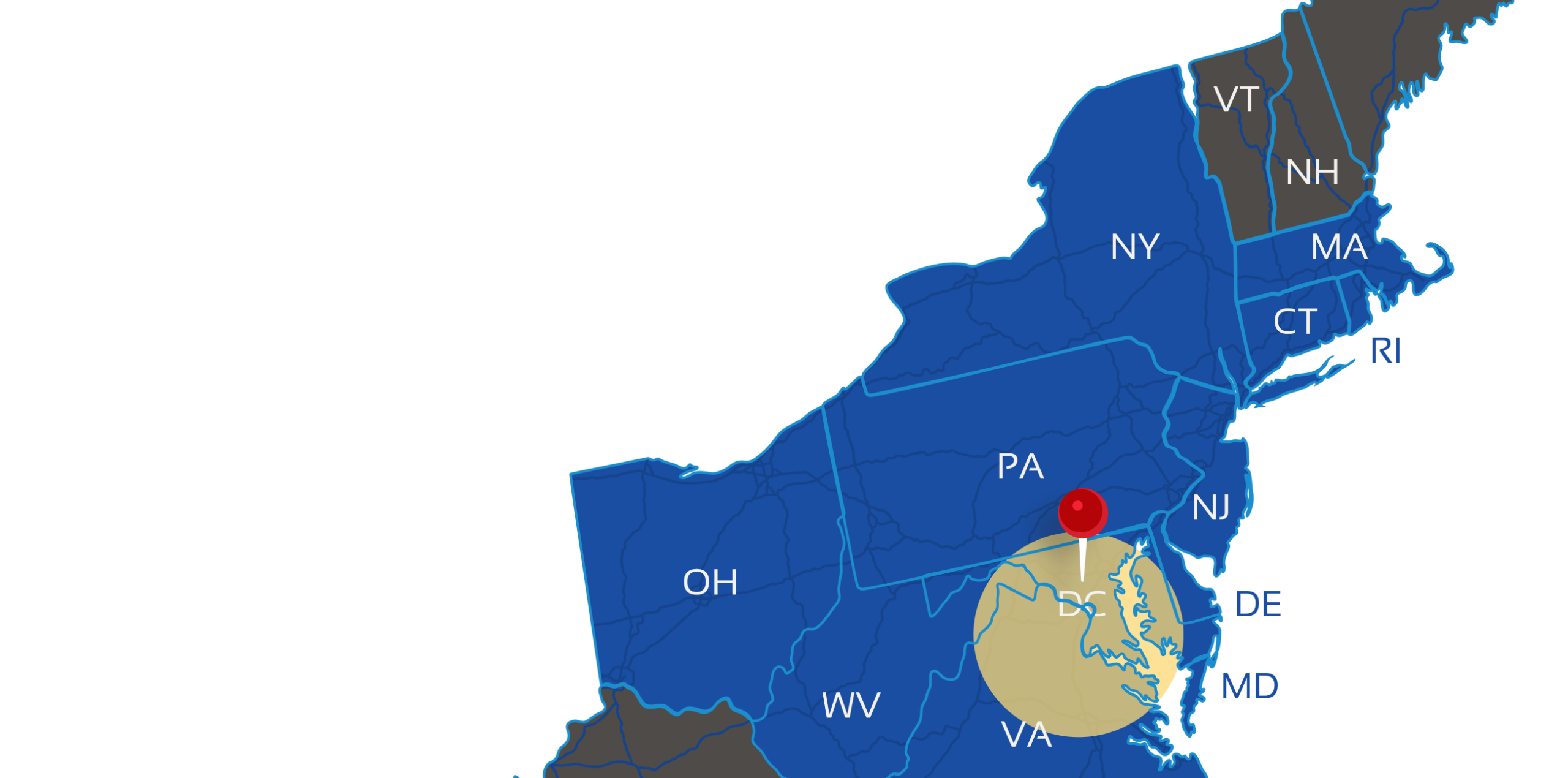 Map of DMV service area showing the Baltimore-Washington metro region